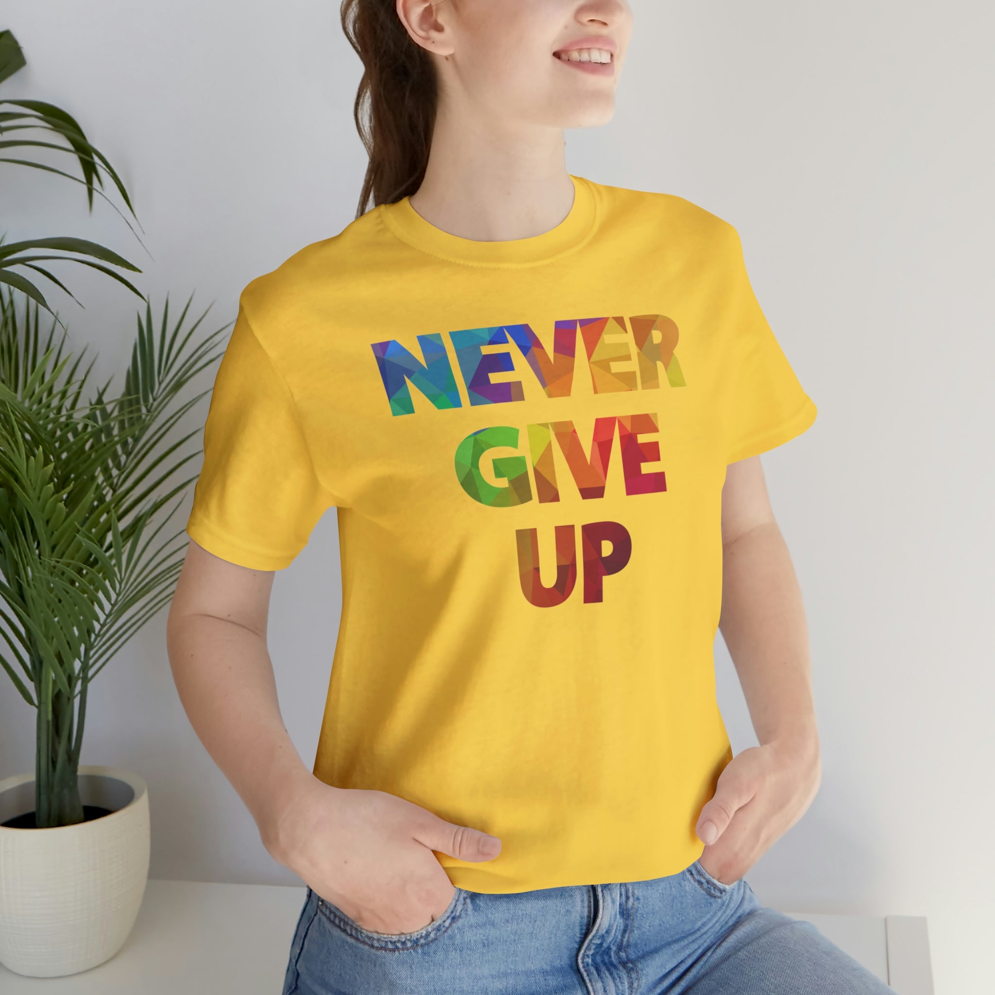 "Never Give Up" Unisex Jersey Short Sleeve Tee - 15 colors